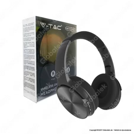 V-TAC VT-6322 CUFFIE WIRELESS A PADIGLIONE BLUETOOTH CON MICROFONO E JACK 3,5MM COLORE NERO - SKU 7727