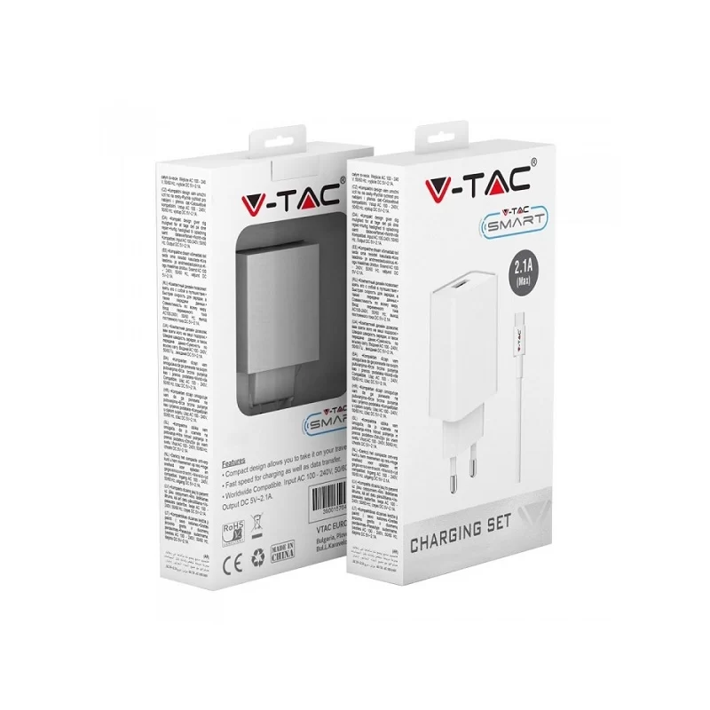 V-TAC VT-5371 CARICABATTERIA USB DA VIAGGIO CON CAVO MICRO USB COLORE BIANCO - SKU 8645 