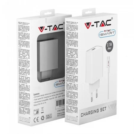 V-TAC VT-5371 CARICABATTERIA USB DA VIAGGIO CON CAVO MICRO USB COLORE BIANCO - SKU 8645