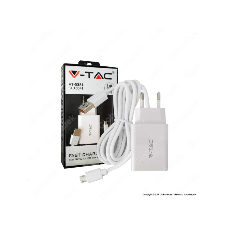 V-TAC VT-5381 CARICABATTERIA USB DA VIAGGIO CON RICARICA RAPIDA 3A E CAVO MICRO USB COLORE BIANCO - SKU 8641 V-TAC VT-5381 CARICABATTERIA USB DA VIAGGIO CON RICARICA RAPIDA 3A E CAVO MICRO USB COLORE BIANCO - SKU 8641