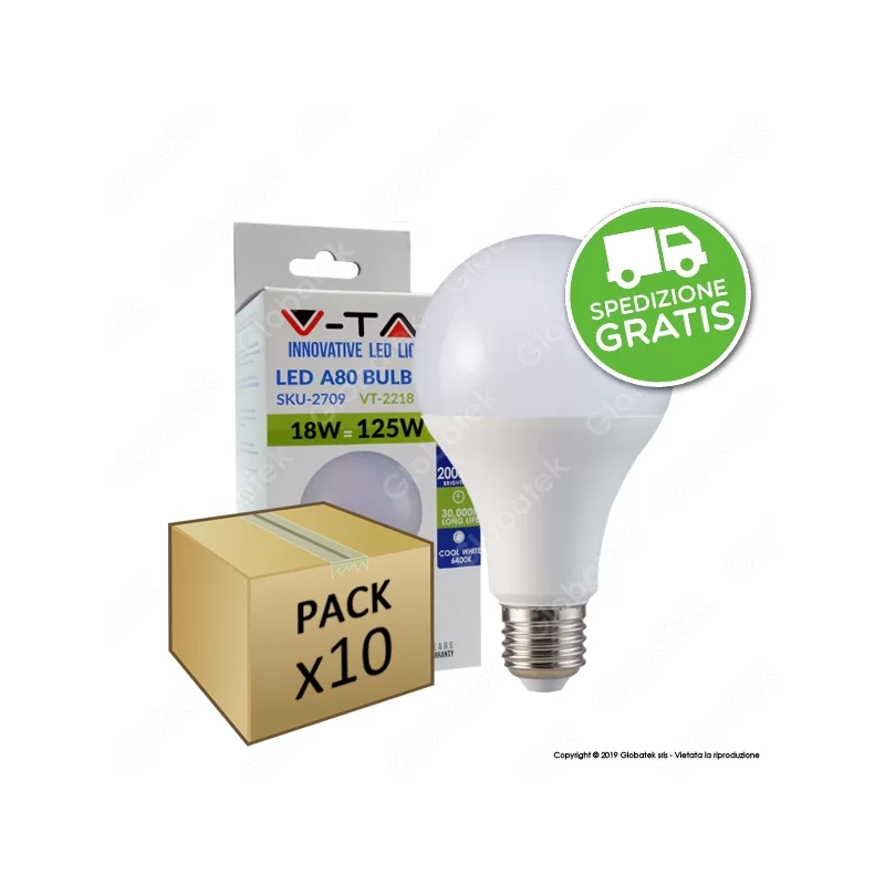 10 Lampadine LED V-Tac VT-2218 E27 18W Bulb A80 - Pack Risparmio 10 Lampadine LED V-Tac VT-2218 E27 18W Bulb A80 - Pack Risparmio