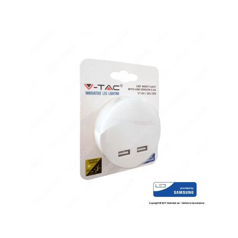 V-TAC VT-84 PUNTO LUCE LED ROTONDO CHIP SAMSUNG CON SENSORE CREPUSCOLARE E 2 PORTE USB - SKU 505 / 506 V-TAC VT-84 PUNTO LUCE LED ROTONDO CHIP SAMSUNG CON SENSORE CREPUSCOLARE E 2 PORTE USB - SKU 505 / 506