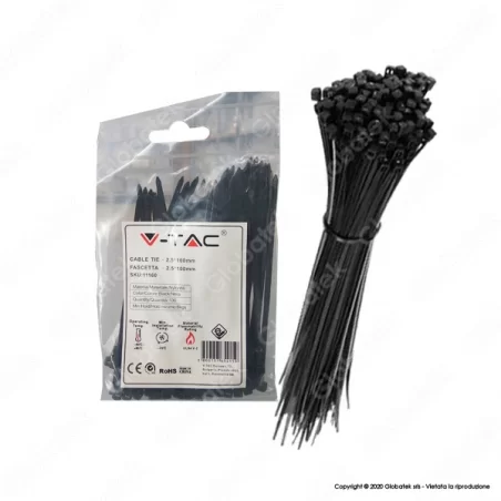 V-TAC CONFEZIONE DA 100 FASCETTE STRINGICAVO AUTOBLOCCANTI IN NYLON 2,5 X 100 MM - SKU 11159 / 11160