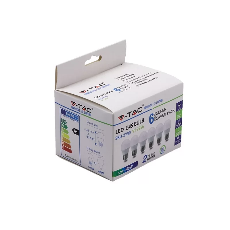 V-TAC VT-2256 SUPER SAVER PACK CONFEZIONE 6 LAMPADINE LED E27 5,5W MINIGLOBO G45 - SKU 2730 / 2731 / 2732 V-TAC VT-2256 SUPER SAVER PACK CONFEZIONE 6 LAMPADINE LED E27 5,5W MINIGLOBO G45 - SKU 2730 / 2731 / 2732