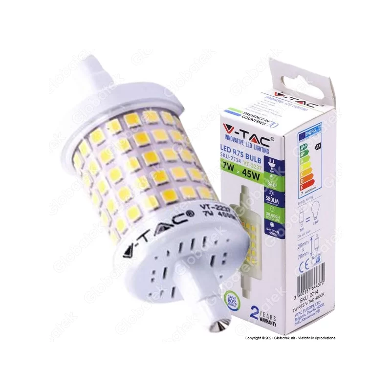 V-TAC VT-2237 LAMPADINA LED R7S L78 7W BULB TUBOLARE - SKU 2713 / 2714 / 2715 V-TAC VT-2237 LAMPADINA LED R7S L78 7W BULB TUBOLARE - SKU 2713 / 2714 / 2715
