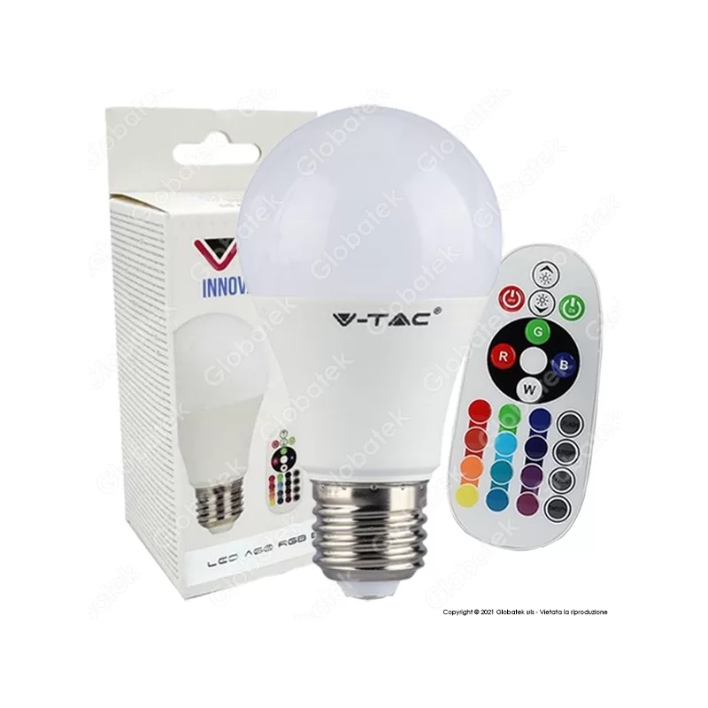 V-TAC VT-2229 LAMPADINA LED E27 9W BULB A60 GOCCIA RGB+W CON TELECOMANDO - SKU 2766 / 2767 / 2768 V-TAC VT-2229 LAMPADINA LED E27 9W BULB A60 GOCCIA RGB+W CON TELECOMANDO - SKU 2766 / 2767 / 2768