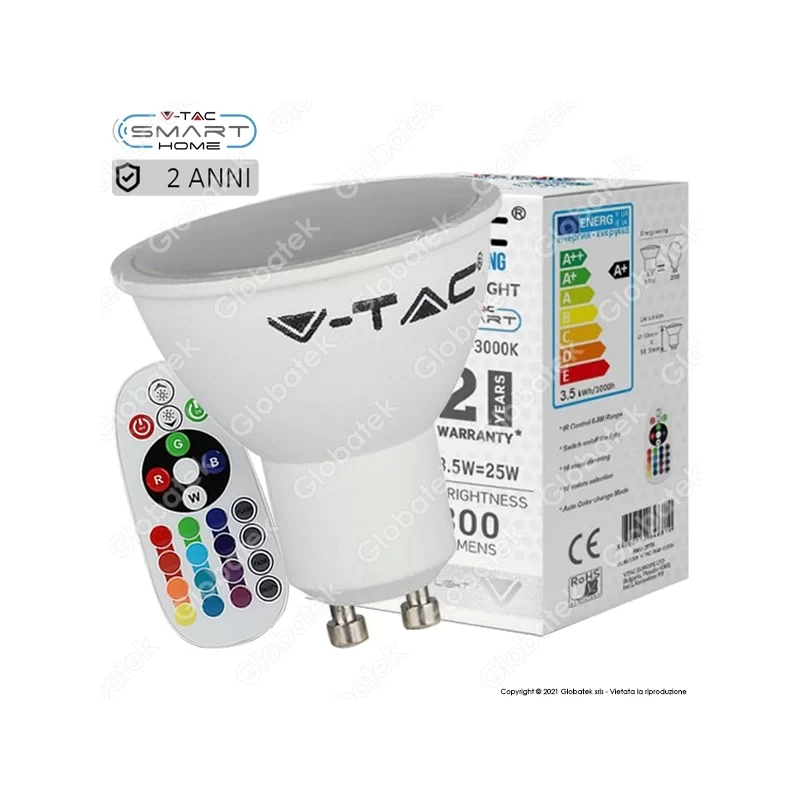 V-TAC VT-2244 LAMPADINA LED GU10 3,5W FARETTO SPOTLIGHT 110° RGB+W CON TELECOMANDO - SKU 2778 / 2779 / 2780 V-TAC VT-2244 LAMPADINA LED GU10 3,5W FARETTO SPOTLIGHT 110° RGB+W CON TELECOMANDO - SKU 2778 / 2779 / 2780