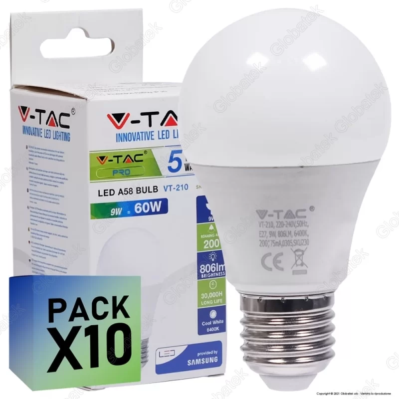10 LAMPADINE LED V-TAC PRO VT-210 E27 9W BULB A60 CHIP SAMSUNG - PACK RISPARMIO 