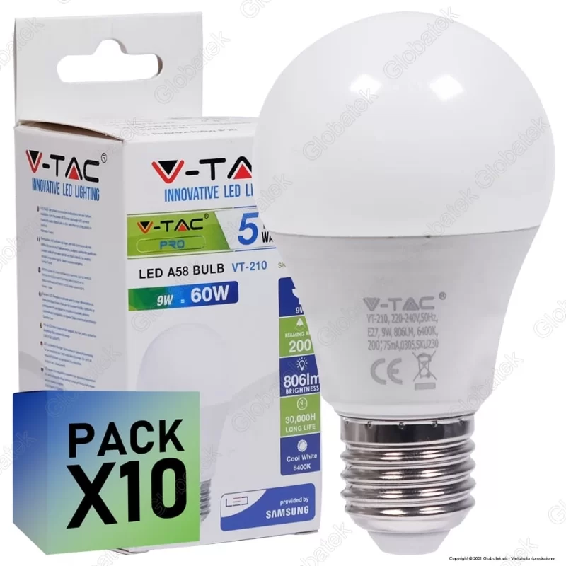 10 LAMPADINE LED V-TAC PRO VT-210 E27 9W BULB A60 CHIP SAMSUNG - PACK RISPARMIO 10 LAMPADINE LED V-TAC PRO VT-210 E27 9W BULB A60 CHIP SAMSUNG - PACK RISPARMIO
