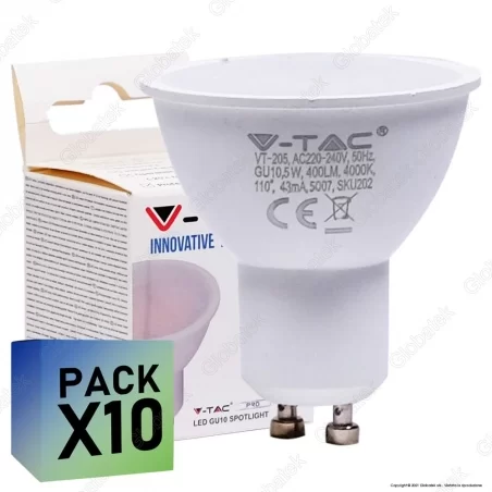 10 LAMPADINE LED V-TAC PRO VT-205 LAMPADINA LED GU10 5W FARETTO SPOTLIGHT CHIP SAMSUNG 110° - PACK RISPARMIO