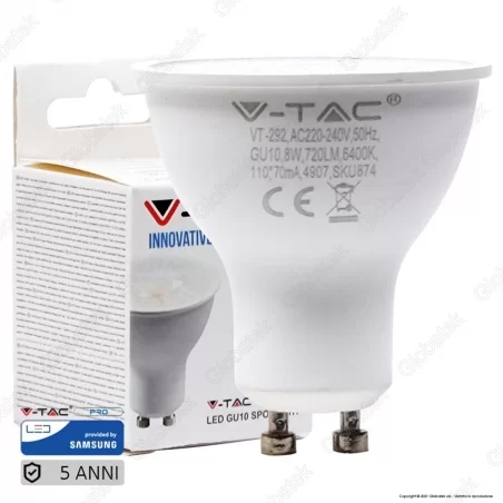 V-TAC PRO VT-292 LAMPADINA LED GU10 8W FARETTO SPOTLIGHT CHIP SAMSUNG 110° - SKU 872 / 873 / 874