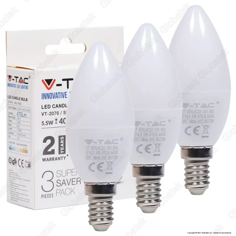 V-TAC VT-2076 SUPER SAVER PACK CONFEZIONE 3 LAMPADINE LED E14 5,5W CANDELA - SKU 7263 / 7264 / 7265 