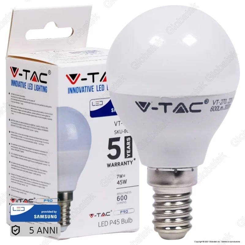 V-TAC PRO VT-270 LAMPADINA LED E14 7W MINIGLOBO P45 CHIP SAMSUNG - SKU 863 / 864 / 865 
