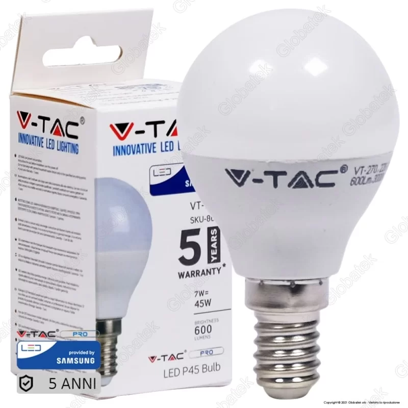 V-TAC PRO VT-270 LAMPADINA LED E14 7W MINIGLOBO P45 CHIP SAMSUNG - SKU 863 / 864 / 865 V-TAC PRO VT-270 LAMPADINA LED E14 7W MINIGLOBO P45 CHIP SAMSUNG - SKU 863 / 864 / 865