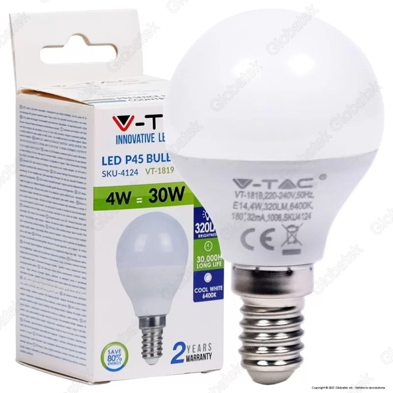 V-TAC VT-1819 LAMPADINA LED E14 4W MINIGLOBO P45 - SKU 4123 / 4174 / 4124 