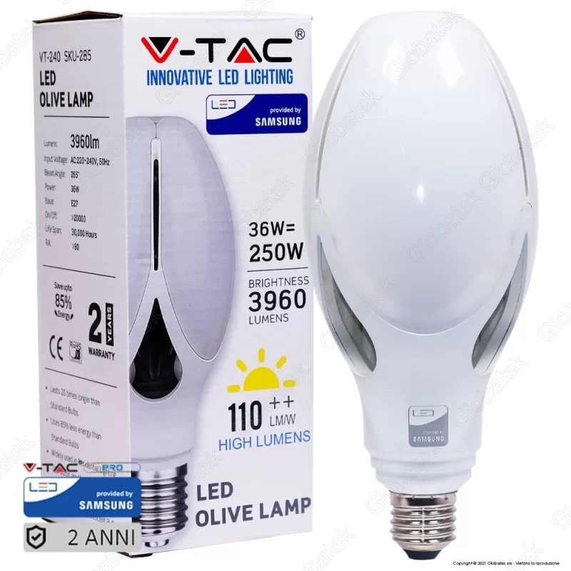 V-TAC VT-240 LAMPADINA LED OLIVE LAMP E27 36W CHIP SAMSUNG - SKU 283 / 284 / 285 