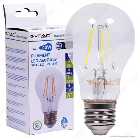 V-TAC VT-1885 LAMPADINA LED E27 4W BULB A60 FILAMENTO - SKU 4259 / 7119 / 7120