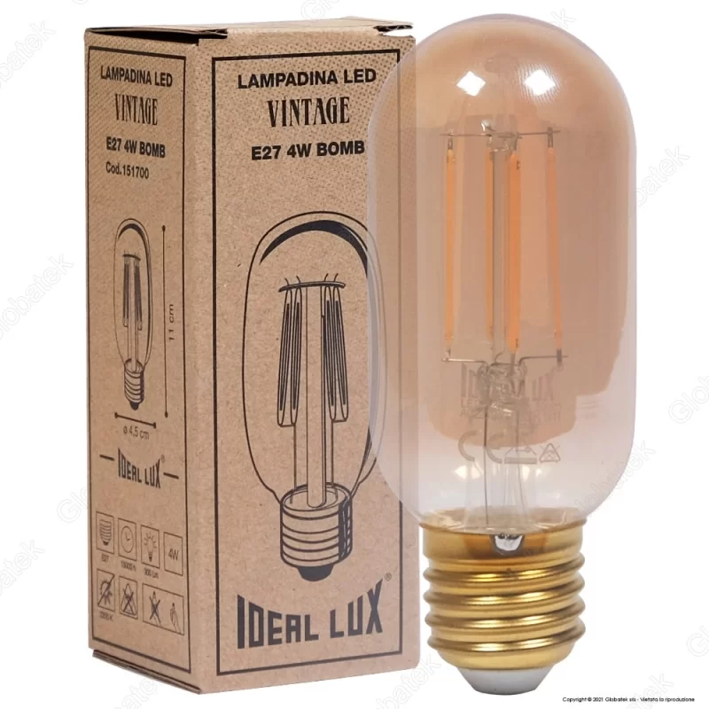 IDEAL LUX LAMPADINA LED VINTAGE E27 4W TUBOLARE FILAMENTO AMBRATA - MOD. 151700 IDEAL LUX LAMPADINA LED VINTAGE E27 4W TUBOLARE FILAMENTO AMBRATA - MOD. 151700