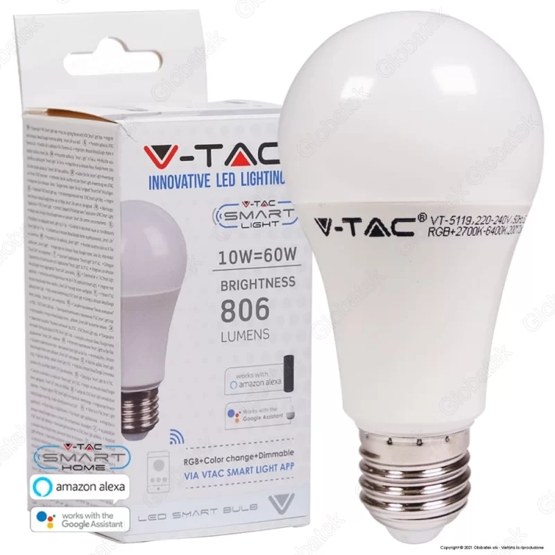 V-TAC SMART VT-5119 LAMPADINA LED WI-FI E27 10W BULB A60 RGB+W 4IN1 DIMMERABILE - SKU 2751 V-TAC SMART VT-5119 LAMPADINA LED WI-FI E27 10W BULB A60 RGB+W 4IN1 DIMMERABILE - SKU 2751