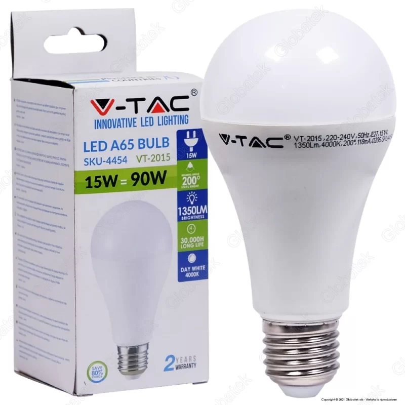 V-TAC VT-2015 LAMPADINA LED E27 15W BULB A65 - SKU 4453 / 4454 / 4455 