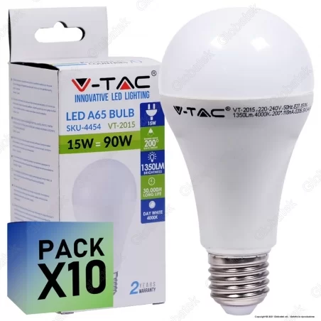 10 Lampadine LED V-Tac VT-2015 E27 15W Bulb A65 - Pack Risparmio