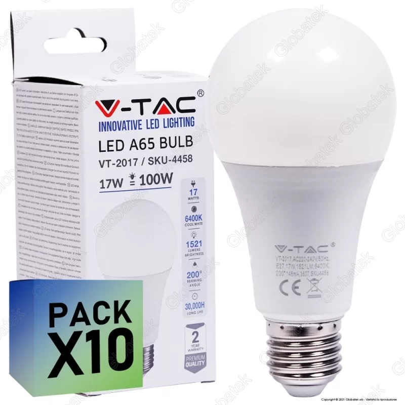 10 Lampadine LED V-Tac VT-2017 E27 17W Bulb A65 - Pack Risparmio 