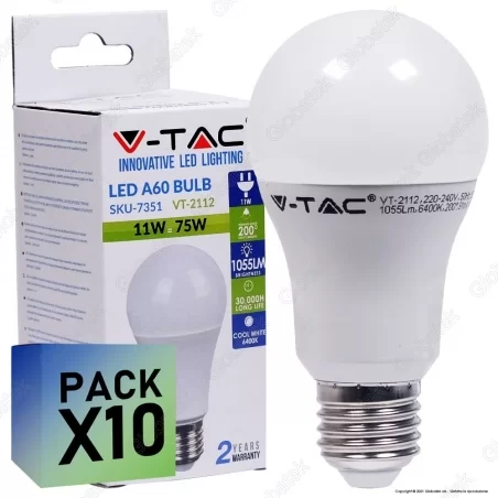 10 Lampadine LED V-Tac VT-2112 E27 11W Bulb A60 - Pack Risparmio