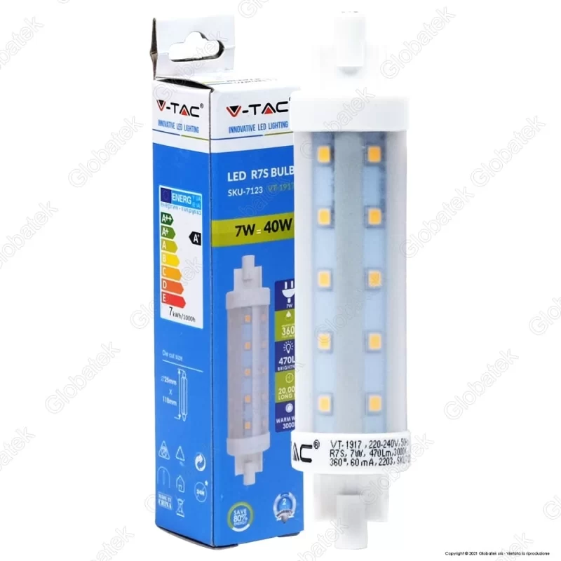 V-TAC VT-1917 LAMPADINA LED R7S L118 7W BULB TUBOLARE - SKU 7123 / 7124 / 7125 V-TAC VT-1917 LAMPADINA LED R7S L118 7W BULB TUBOLARE - SKU 7123 / 7124 / 7125