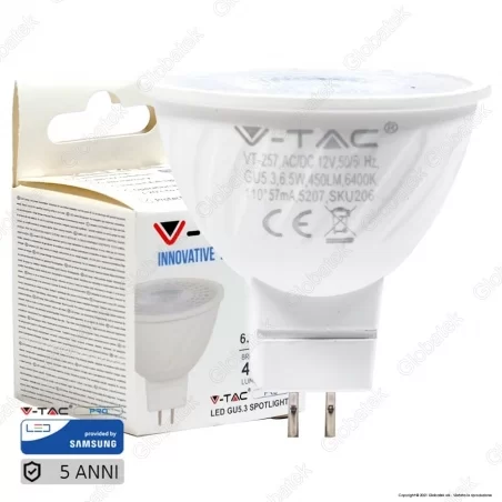 V-TAC PRO VT-257 LAMPADINA LED GU5.3 (MR16) 6,5W FARETTO SPOTLIGHT CHIP SAMSUNG - SKU 204 / 205 / 206