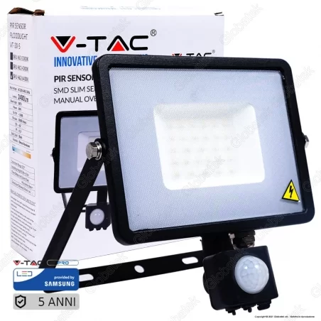 V-TAC PRO VT-30-S FARETTO LED 30W ULTRA SOTTILE SLIM CHIP SAMSUNG CON SENSORE COLORE NERO - SKU 460 / 461 / 462