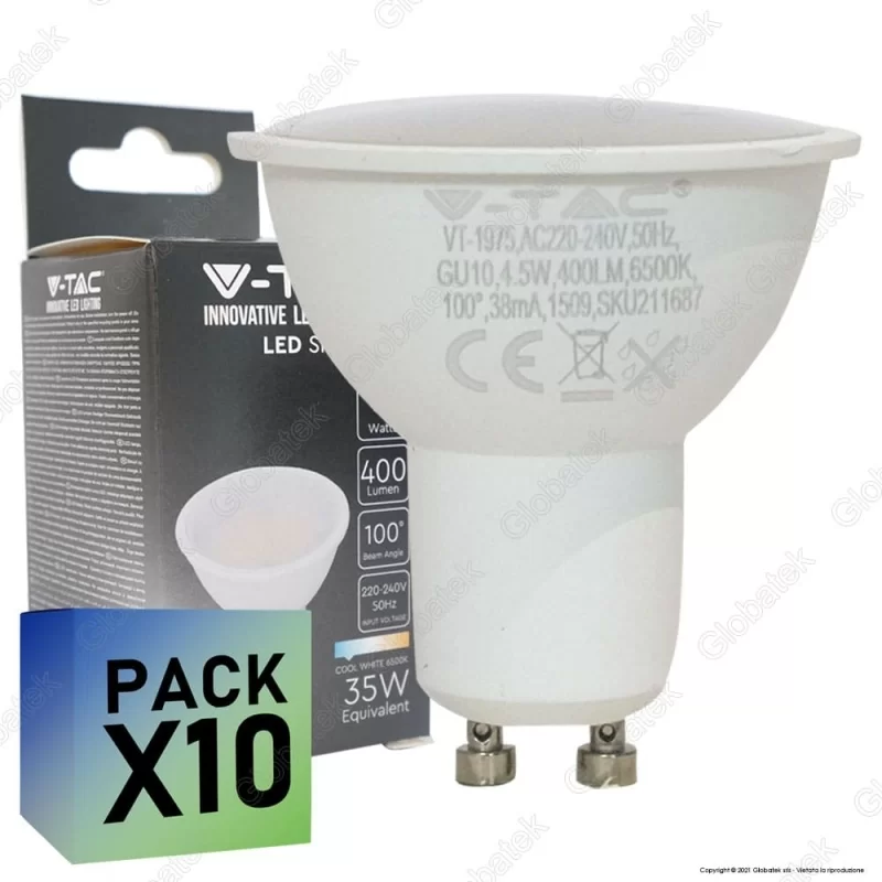 10 LAMPADINE LED V-TAC VT-1975 GU10 4,5W FARETTO SPOTLIGHT - PACK RISPARMIO 