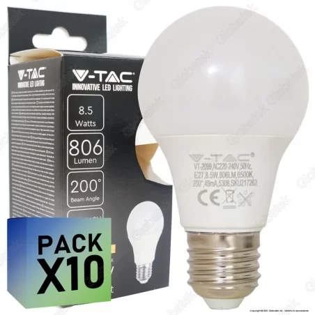 10 LAMPADINE LED V-TAC VT-2099 E27 8,5W BULB A60 - PACK RISPARMIO