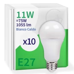 10 x Lampadine LED E27 11W Opaca (1055 lumen equivalenti a 75W) - Forma: Goccia A60 - Fascio Luminoso 200° 