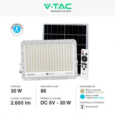 V-TAC VT-240W FARO LED FLOODLIGHT 30W IP65 COLORE BIANCO CON PANNELLO SOLARE E TELECOMANDO - SKU 7848 / 7847