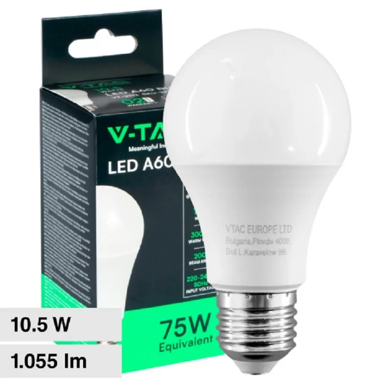 V-TAC VT-2112 LAMPADINA LED E27 10.5W BULB A60 GOCCIA SMD V-TAC VT-2112 LAMPADINA LED E27 10.5W BULB A60 GOCCIA SMD