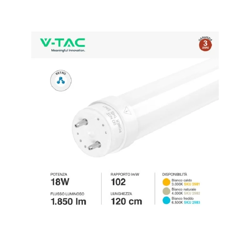 V-TAC VT-1221 TUBO LED T8 G13 18W SMD IN VETRO LAMPADINA 120CM CON STARTER - SKU 2981 / 2982 / 2983 