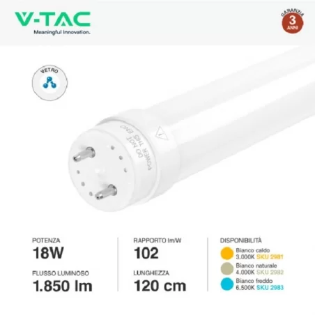V-TAC VT-1221 TUBO LED T8 G13 18W SMD IN VETRO LAMPADINA 120CM CON STARTER - SKU 2981 / 2982 / 2983