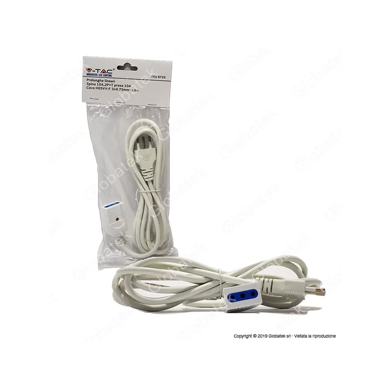 V-TAC CAVO PROLUNGA SPINA E PRESA ITALIANE 3 METRI 10A COLORE BIANCO - SKU 8729 V-TAC CAVO PROLUNGA SPINA E PRESA ITALIANE 3 METRI 10A COLORE BIANCO - SKU 8729