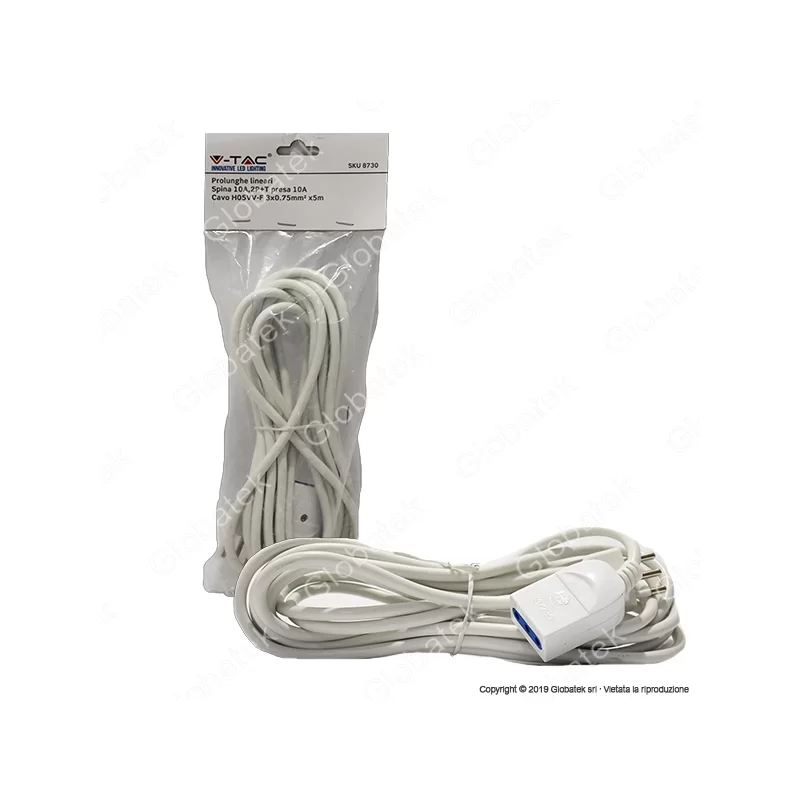 V-TAC CAVO PROLUNGA SPINA E PRESA ITALIANE 5 METRI 10A COLORE BIANCO - SKU 8730 V-TAC CAVO PROLUNGA SPINA E PRESA ITALIANE 5 METRI 10A COLORE BIANCO - SKU 8730