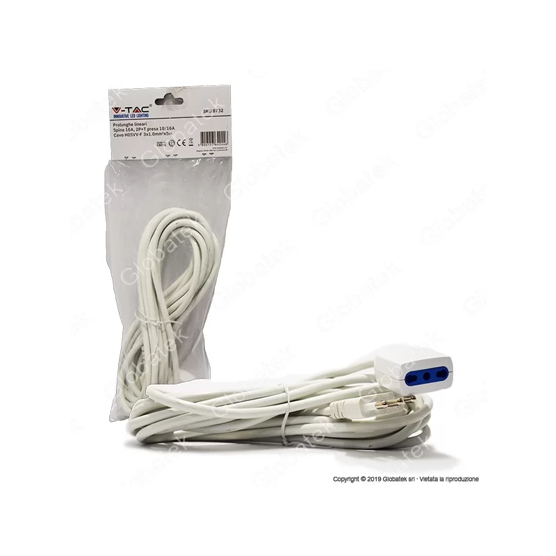 V-TAC CAVO PROLUNGA SPINA E PRESA ITALIANE 5 METRI 16A COLORE BIANCO - SKU 8732 V-TAC CAVO PROLUNGA SPINA E PRESA ITALIANE 5 METRI 16A COLORE BIANCO - SKU 8732