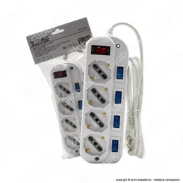 V-TAC MULTIPRESA 4 POSTI COLORE BIANCO CON INTERRUTTORI SINGOLI E GENERALE E PROTEZIONE RIPRISTINABILE - SKU 8737 