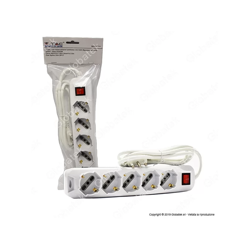 V-TAC MULTIPRESA 5 POSTI COLORE BIANCO CON INTERRUTTORE LUMINOSO - SKU 8712 V-TAC MULTIPRESA 5 POSTI COLORE BIANCO CON INTERRUTTORE LUMINOSO - SKU 8712