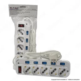 V-TAC MULTIPRESA 5 POSTI COLORE BIANCO CON INTERRUTTORI SINGOLI E GENERALE E PROTEZIONE RIPRISTINABILE - SKU 8738 