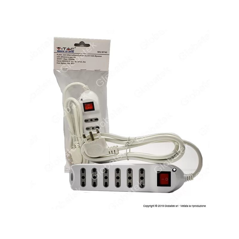 V-TAC MULTIPRESA 6 POSTI COLORE BIANCO CON INTERRUTTORE LUMINOSO - SKU 8742 V-TAC MULTIPRESA 6 POSTI COLORE BIANCO CON INTERRUTTORE LUMINOSO - SKU 8742