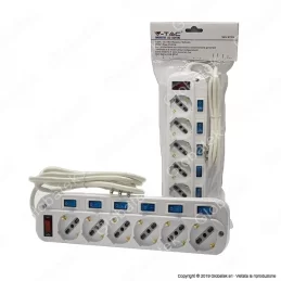 V-TAC MULTIPRESA 6 POSTI COLORE BIANCO CON INTERRUTTORI SINGOLI E GENERALE E PROTEZIONE RIPRISTINABILE - SKU 8739 