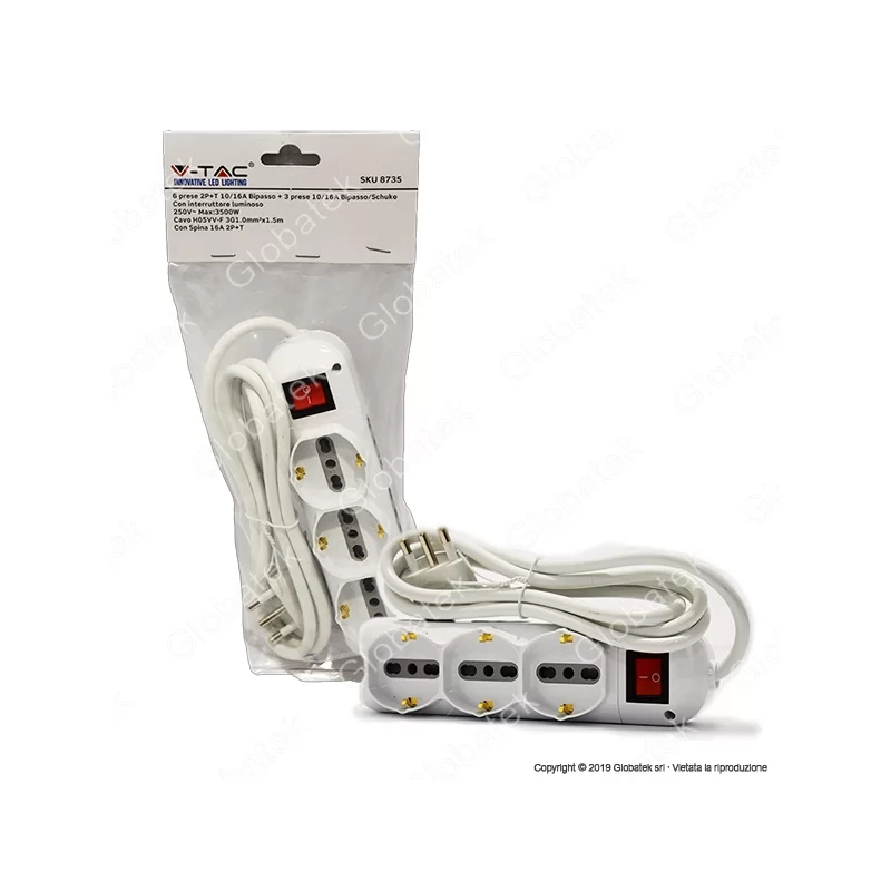 V-TAC MULTIPRESA 9 POSTI SALVASPAZIO COLORE BIANCO CON INTERRUTTORE LUMINOSO - SKU 8735 V-TAC MULTIPRESA 9 POSTI SALVASPAZIO COLORE BIANCO CON INTERRUTTORE LUMINOSO - SKU 8735