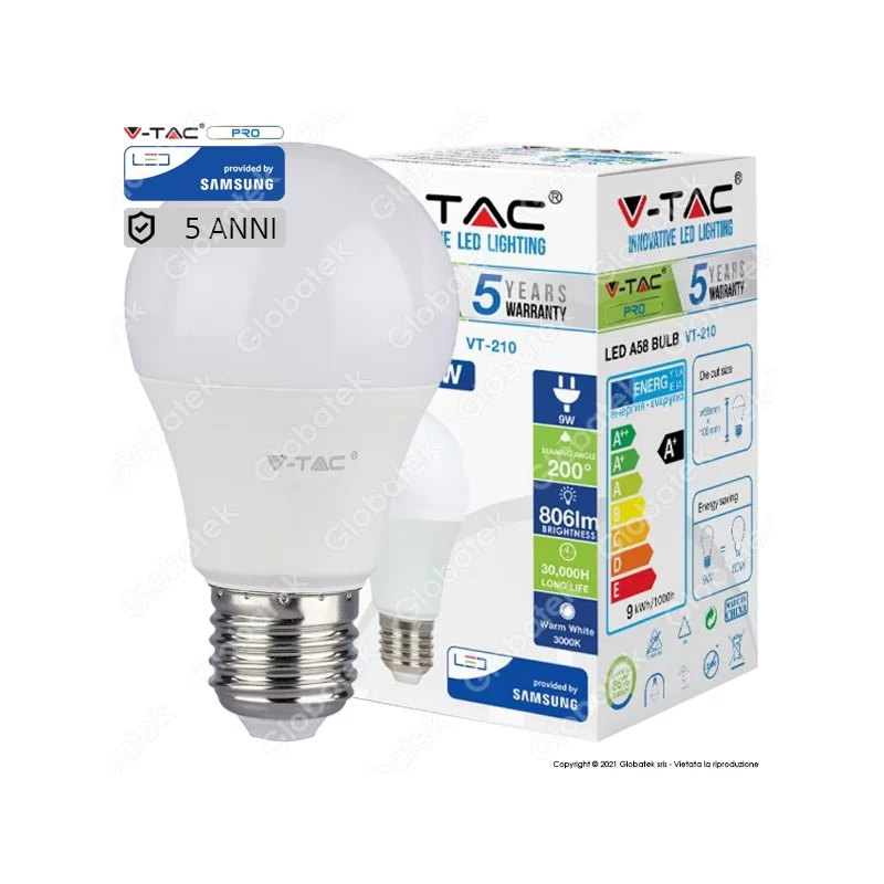 V-TAC PRO VT-210 LAMPADINA LED E27 9W BULB A58 CHIP SAMSUNG - SKU 228 / 229 / 230 V-TAC PRO VT-210 LAMPADINA LED E27 9W BULB A58 CHIP SAMSUNG - SKU 228 / 229 / 230