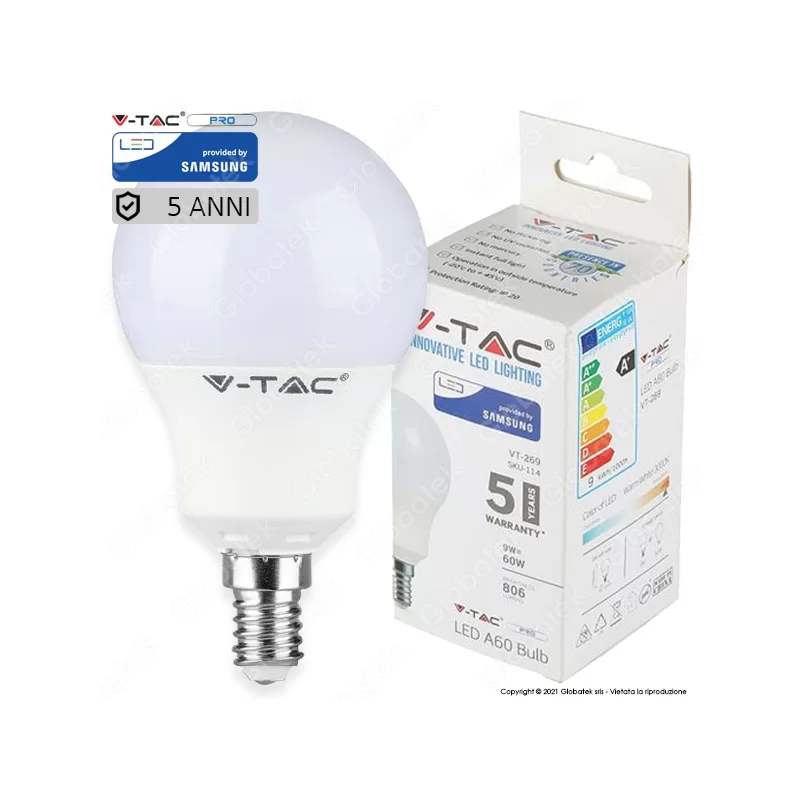 V-TAC PRO VT-269 LAMPADINA LED E14 9W BULB A60 CHIP SAMSUNG - SKU 114 / 115 / 116 V-TAC PRO VT-269 LAMPADINA LED E14 9W BULB A60 CHIP SAMSUNG - SKU 114 / 115 / 116