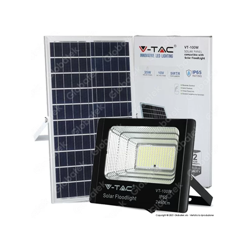 V-TAC VT-100W FARO LED 35W A BATTERIA CON PANNELLO SOLARE E TELECOMANDO - SKU 8576 / 94012 V-TAC VT-100W FARO LED 35W A BATTERIA CON PANNELLO SOLARE E TELECOMANDO - SKU 8576 / 94012