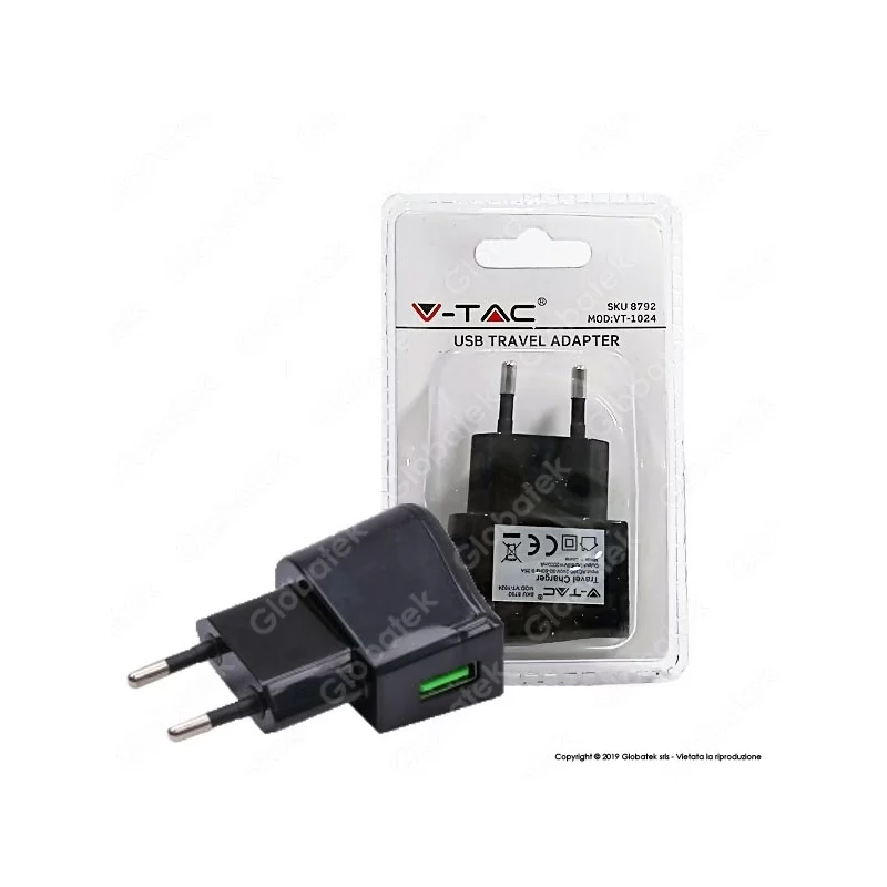 V-TAC VT-1024 ALIMENTATORE USB DA VIAGGIO COLORE NERO - SKU 8792 V-TAC VT-1024 ALIMENTATORE USB DA VIAGGIO COLORE NERO - SKU 8792